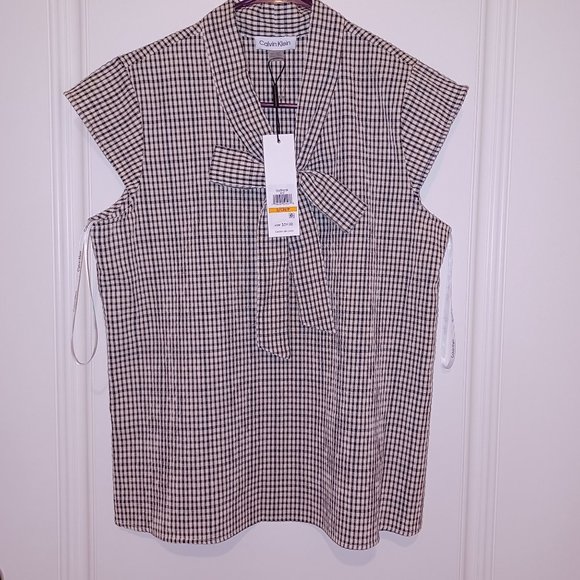 Calvin Klein NWT Black and Cream Checked  Capped Sleeves Womens shirt size S - Picture 8 of 9